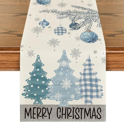 Artoid Mode Blue Pine Trees Merry Christmas Table Runner, Winter Xmas Holiday Kitchen Dining Table Decoration for Home Party Decor 13x48 Inch ArtoidMode