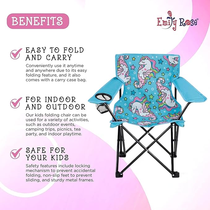 Emily Rose Kids Folding Chair | Beach Chair with Safety Lock- Camping Chair for Boyos Girls Toddler with Cup Holder & Carry Case- Tailgate, Travel, Lawn- for Indoor & Outdoor (Sea Unicorns) - LeafyLoom