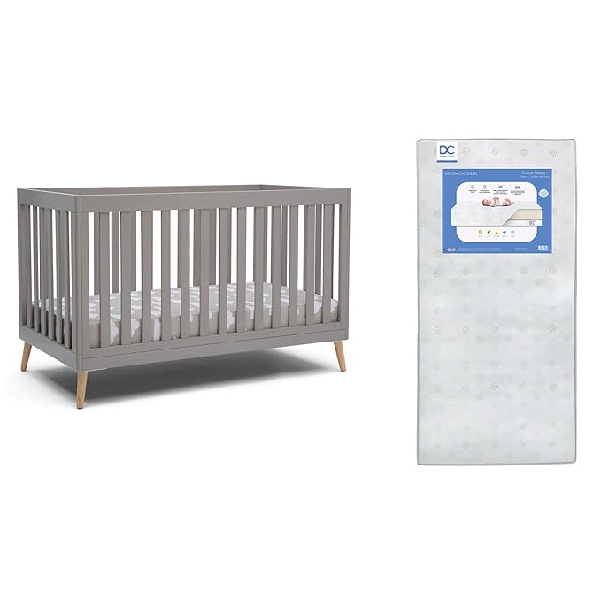 Delta Children Essex 4-in-1 Convertible Baby Crib, Grey with Natural Legs + Delta Children Twinkle Galaxy Dual Sided Recycled Fiber Core Crib and Toddler Mattress (Bundle) - LeafyLoom