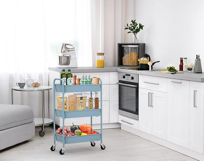 CAXXA 3-Tier Rolling Metal Storage Organizer - Mobile Utility Cart with Caster Wheels, Blue - LeafyLoom