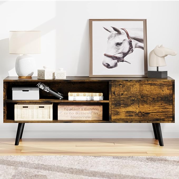 Shintenchi Mid Century Modern TV Stand for TVs up to 55 inches, Wood TV Console Table Media Cabinet with Storage, Entertainment Center for Living Room Bedroom, Rustic Brown - LeafyLoom