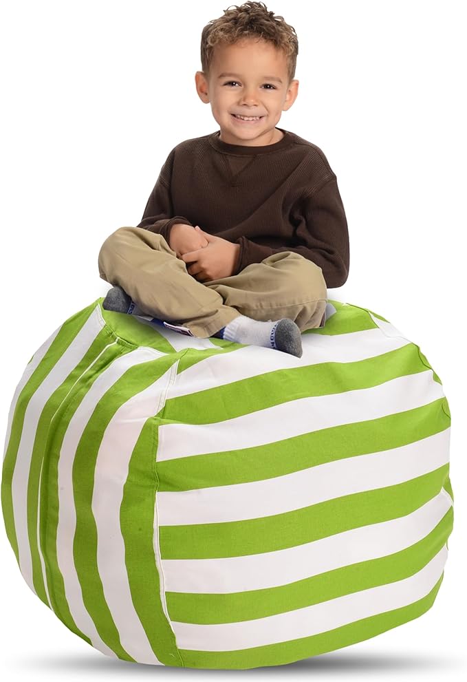 Creative QT Stuff ’n Sit Extra Large 38’’ Bean Bag Storage Cover for Stuffed Animals & Toys – Green & White Stripe – Toddler & Kids’ Rooms Organizer – Giant Beanbag Great Plush Toy Hammock Alternative - LeafyLoom