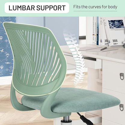 Desk Chair Armless, Kids Office Chair Compact Rolling Fabric Seating Cushion and Plastic Low-Back, Height Adjustable Small Study Computer Task Chair for Student Children Teens with Wheels, Aqua - LeafyLoom