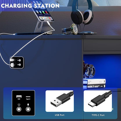Nightstand Set of 2 with Charging Station, Beside Table with Secret Gun Compartment, Modern Nightstand with Auto Sensor LED 3 Color Dimmable for Bedroom Furniture - LeafyLoom