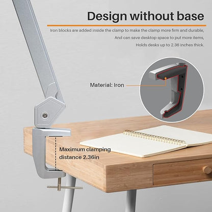 LED Architect Desk Lamp with Clamp, Metal Swing Arm 2000 Lumens Dimming Office Table Lamp for Task Work Drafting Reading Desktop, 234PCS Bright LEDs, 24W, 5 Color Temperatures Workbench Lamp - LeafyLoom