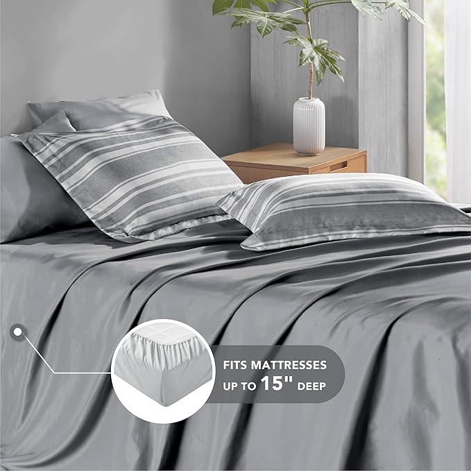 King Size Bed in a Bag, Full Bedding Sets, Modern Farmhouse Grey and White Striped Comforter with Sheets, 7-Piece Complete Bedroom Set - LeafyLoom