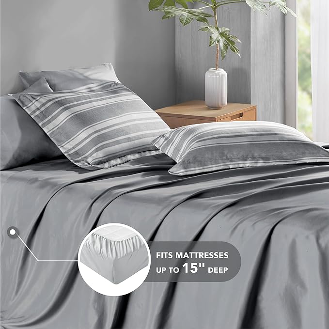 Full-size Bed in a Bag, Full Bedding Sets, Modern Farmhouse Grey and White Striped Comforter with Sheets, 7-Piece Complete Bedroom Set - LeafyLoom