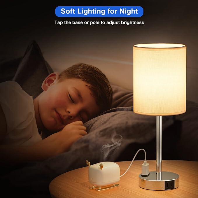 Touch Lamps for Bedrooms Set of 2 White - 3 Way Dimmable Bedside Lamp with USB C and A Ports and Outlets, Modern Nightstand Lamp with Linen Shade and Silver Base, Small Table Lamps for Kids Nursery - LeafyLoom