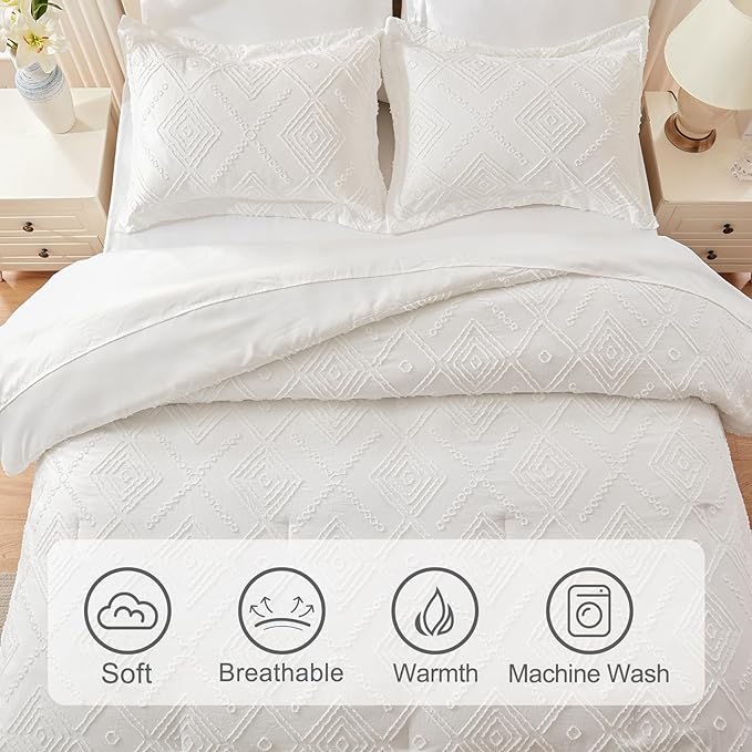 EMME King Comforter Set - 7 Pcs White Boho Comforter Set, Tufted King Size Bedding Sets with Sheets, Shabby Chic Embroidery Bed Set Fluffy Bed Bag for All Season(102"X90") - LeafyLoom