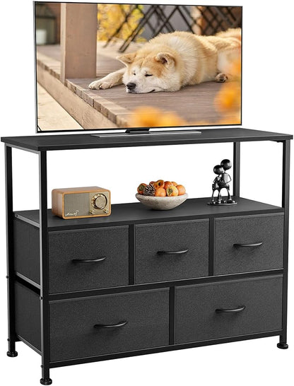 ANTONIA TV Stand Dresser for Bedroom with 5 Fabric Drawer,Entertainment Center for 45 inch Television, Media Console Table with Storage, Open Shelf, Adjustable Feet, Living Room Furniture, Black - LeafyLoom