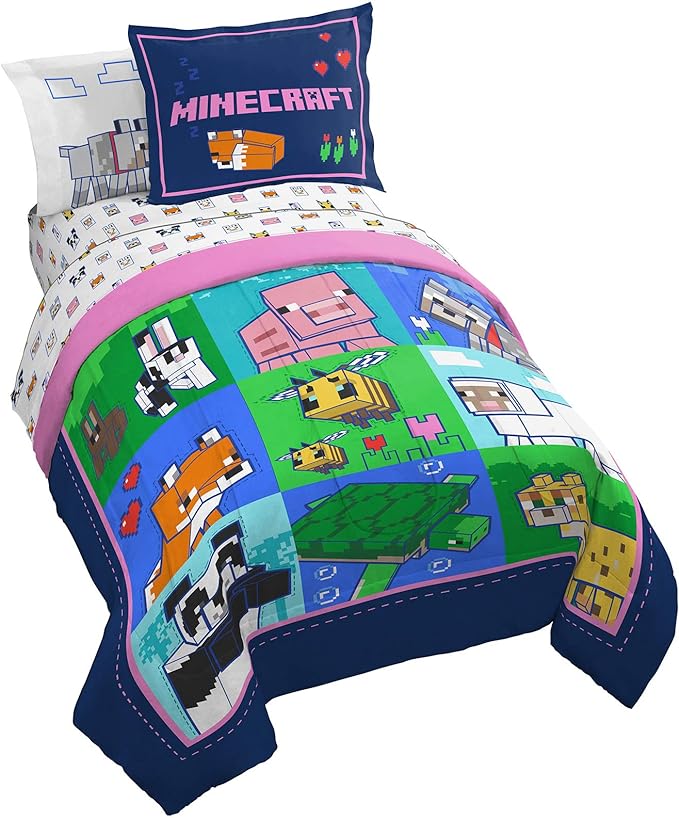 Jay Franco Minecraft Animal Patch 7 Piece Full Bed Set - includes Comforter & Sheet Set Bedding - Super Soft Fade Resistant Microfiber (Official Minecraft Product) - LeafyLoom