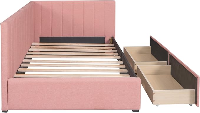 Twin Size Upholstered Daybed with Headboard and 2 Storage Drawers Underneath, Modern Linen Fabric Day Bed Frame for Bedroom/Living Room/Guestroom, Pink - LeafyLoom