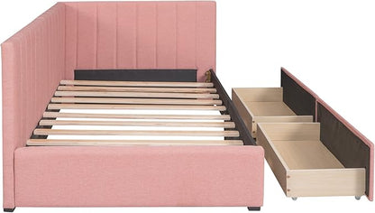 Twin Size Upholstered Daybed with Headboard and 2 Storage Drawers Underneath, Modern Linen Fabric Day Bed Frame for Bedroom/Living Room/Guestroom, Pink - LeafyLoom