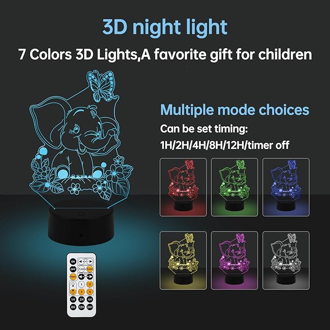 Elephant Play with Butterfly Illusion Room Decor Elephant Night Light Cute Elephant Desk Lamp with 7 Colors and Timing, Smart Touch & Remote Control Decorations Gifts for Girls, Kids, Boys - LeafyLoom