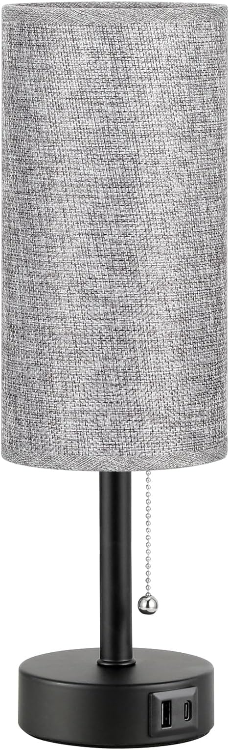 Grey Bedside Lamp for Bedroom Nightstand - Small Table Lamp with USB A + C Charging Port, 3 Color Temperatures Pull Chain Night Stand Light with Bulb, Side Table Desk Reading Lamp for Living Room - LeafyLoom