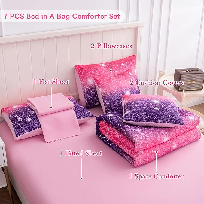 Full Size Bedding Sets Kids Bedding Sets for Girls,Galaxy Bedding 7pieces Glitter Pink Comforter Colorful Comforter Full Size Comforter Sets for Teen Girls(Purple) - LeafyLoom