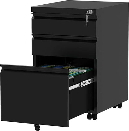 YITAHOME 3-Drawer Mobile File Cabinet with Lock, Office Storage Filing Cabinet for Legal/Letter Size, Pre-Assembled Metal File Cabinet Except Wheels Under Desk -Black - LeafyLoom