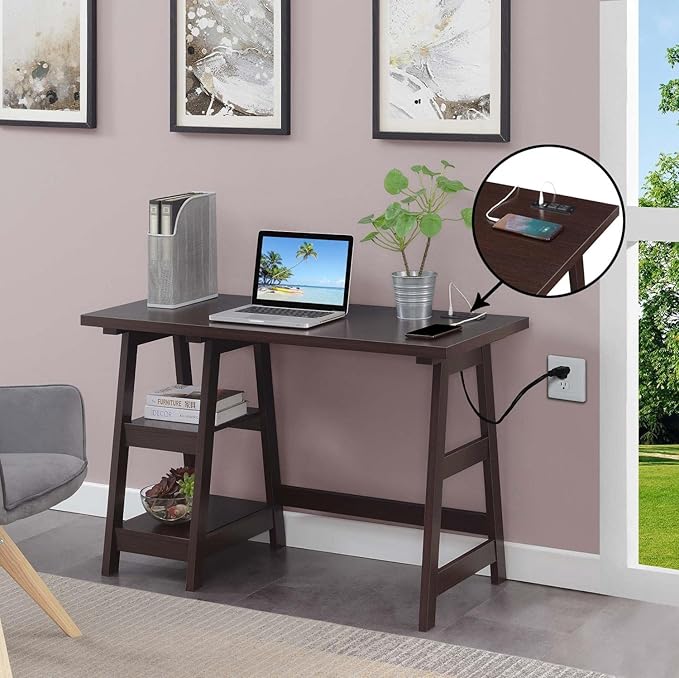 Convenience Concepts Designs2Go Trestle Desk with Charging Station and Shelves, Espresso - LeafyLoom