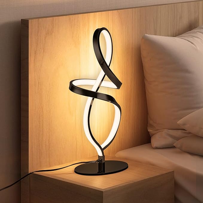 Modern Table Lamp, LED Spiral Lamp, Black Bedside Lamp with Stepless Dimming Switch, Contemporary Nightstand Lamp, LED Lamp for Bedroom Living Room Home Office, 12W, 3200K Warm White - LeafyLoom