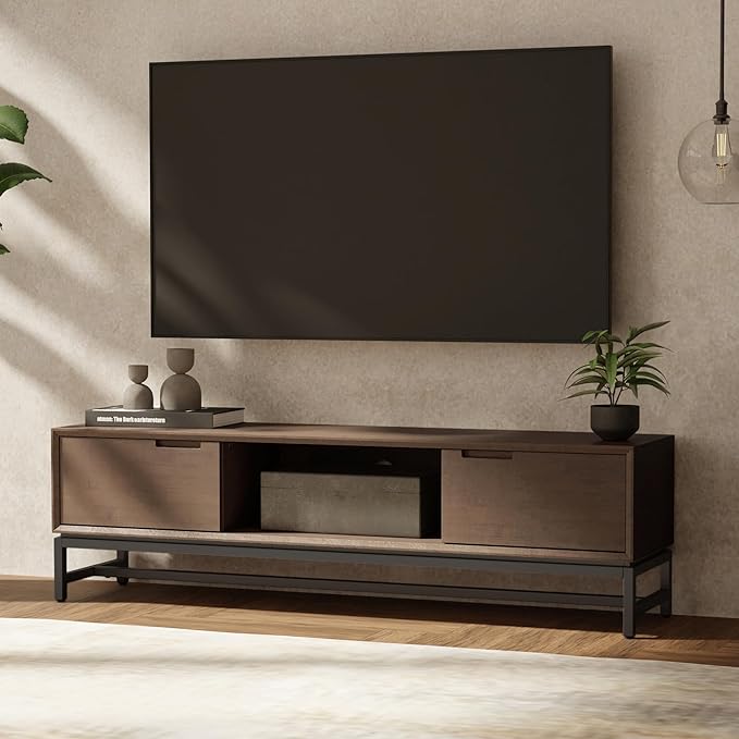 SIMPLIHOME Banting SOLID HARDWOOD Wide Modern Industrial Media Stand for TVs up to 80 inches for The Living Room and Entertainment Center, 72 inch, Walnut Brown - LeafyLoom