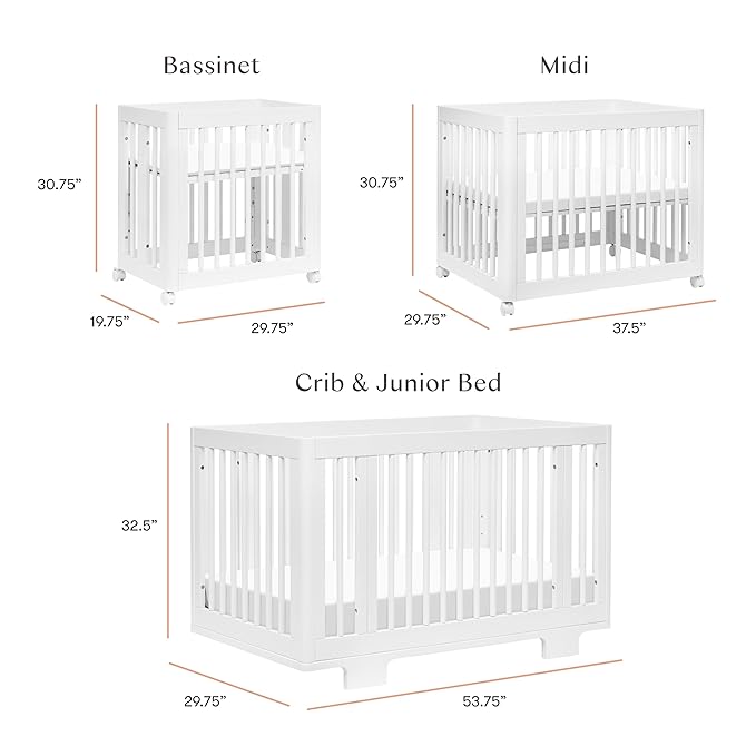 Babyletto Yuzu Convertible All-Stages Bassinet, Midi, Full-Size Crib in White, Greenguard Gold Certified, Portable & Adjustable with Conversion Kits and Pads Included - LeafyLoom