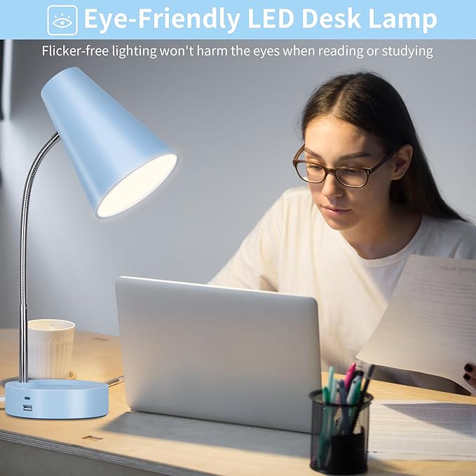 RUNTOP Metal Desk Lamp, Eye-Caring Table Lamp, Study Lamps with Flexible Goose Neck for Bedroom and Office, Desk lamp with USB, 5 Color Temperatures, 5 Brightness Levels (Blue) - LeafyLoom