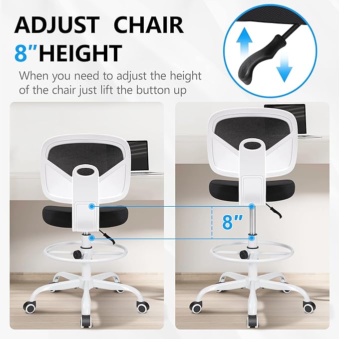 Primy Office Drafting Chair Armless, Tall Office Desk Chair Adjustable Height and Footring, Mid-back Ergonomic Standing Desk Chair Mesh Rolling Tall Chair for Art Room, Office or Home(White) - LeafyLoom