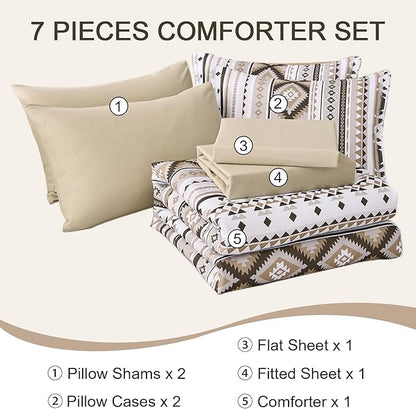 Dinjoy Khaki Aztec Comforter Set Queen Size,7 Pieces Bed in a Bag Queen Beige Boho Bedding Sets with Sheets Bohemian Geometric Striped Complete Set for All Seasons 90"x90" - LeafyLoom