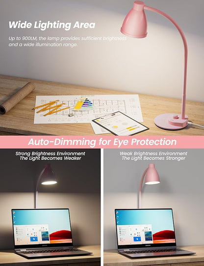 BOHON Cute Desk Lamp with USB Charging Port, Pink Lamp 3 Color Modes Dimmable Reading Lamp, Flexible Gooseneck Table Light Auto Dimming Task Lamp, LED Desk Light for Home Office Dorm Bedside, Pink - LeafyLoom