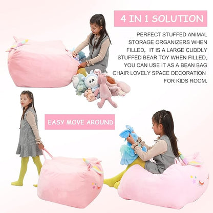 Unicorn Stuffed Animal Toy Storage, Kids Bean Bag Chair COVER ONLY, Velvet Extra Soft Stuffed Organization Replace Mesh Toy Hammock for Kids Blankets Towels Clothes Home Supplies Pink - LeafyLoom