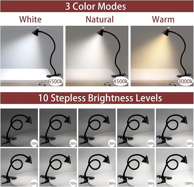 LED Desk Lamp with Clamp,Reading Light with Long Flexible Gooseneck,Clamp Light for Reading,Bed Lights for Headboard,Book Light for Kids with 30 Adjustable Color Modes,Clamp Lamp for Home, Black - LeafyLoom