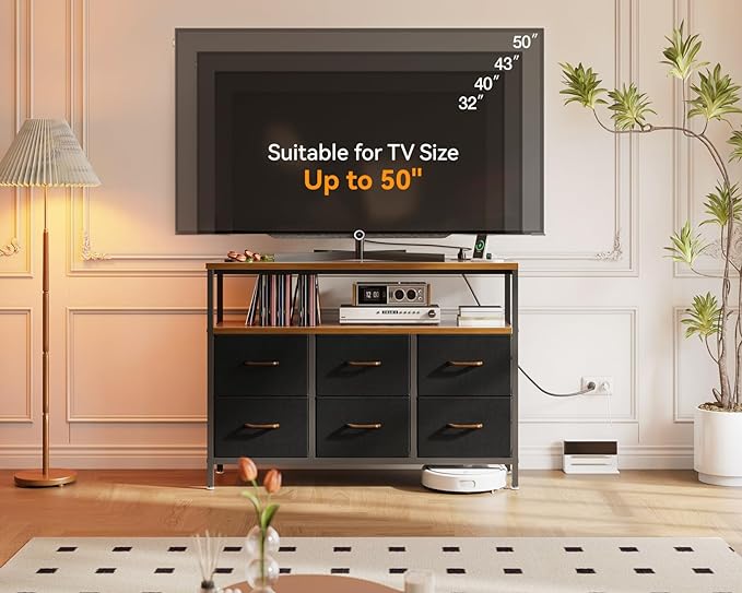 AODK TV Stand with Power Outlet, 40" Long TV Stand with 6 Large Fabric Drawers, Entertainment Center with Open Shelves for 55 Inch TV, Living Room, Black and Vintage - LeafyLoom