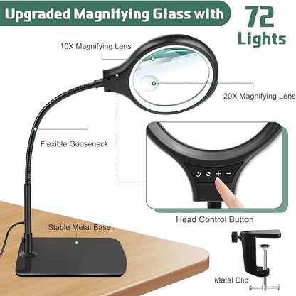 NZQXJXZ Large 2-in-1 Magnifying Glass with 72 LEDs Light and Stand 20X 10X Magnifying Lamp with Large Base and Clamp, 3 Color Modes and 10 Stepless Dimmable, Hands Free Desk Magnifier for Close Work - LeafyLoom