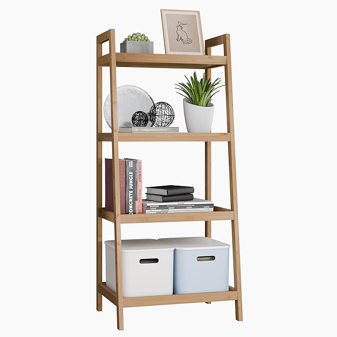 SMIBUY Bamboo Ladder Bookcase, Bathroom Storage Rack Organizer, 4 Tier Freestanding Plant Display Stand Space Saver Shelves for Bedroom, Kitchen, Balcony (Natural) - LeafyLoom