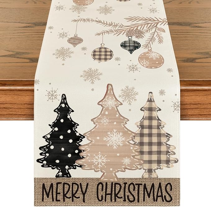 Artoid Mode Brown Pine Trees Snowflake Merry Christmas Table Runner, Winter Xmas Holiday Kitchen Dining Table Decoration for Home Party Decor 13x72 Inch ArtoidMode