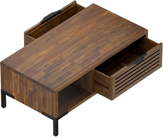 Bme Millie Solid Wood Coffee Tables, Industrial Modern Living Room Center Desk with 2 Storage Drawers & Fully Assembled, Rustic Chestnut - LeafyLoom