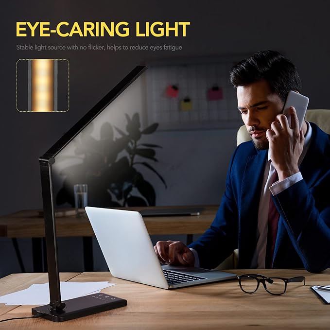 Led Desk Lamp, Desk Lamp with USB Charging Port, 5 Color Modes, 10 Brightness, Natural Light, Eye Caring Reading Lamp, Desk Light for Home Office, Table Lamp, Touch Control, Auto-Timer, Black - LeafyLoom