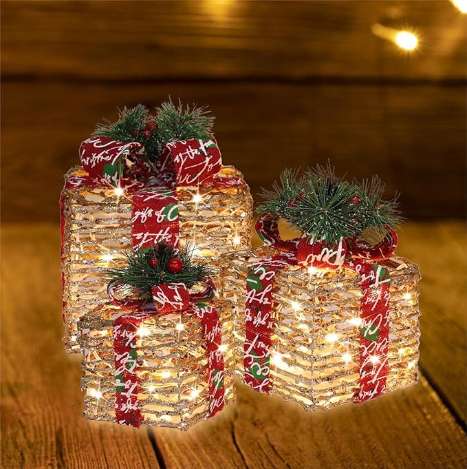 [Large 10"x8.5"x7" Christmas Set of 3 Lighted Rattan Gift Boxes Decorations Pre-lit 70 Super-Bright LED with Flashers,for Indoor Outdoor Pathway Holiday Party Home(Warm White) GLOWNOVA