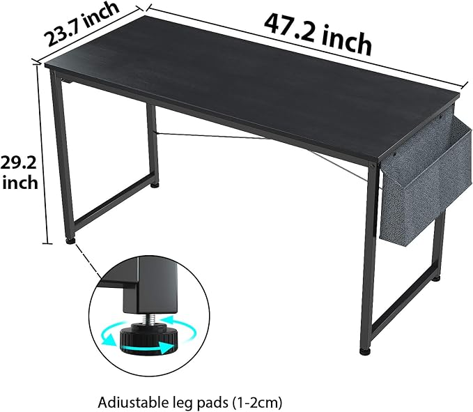 Foxemart Computer Desk 47" Office Desks Writing Study Desk Modern Simple PC Laptop Notebook Table with Storage Bag and Iron Hook for Home Office Workstation, Black - LeafyLoom