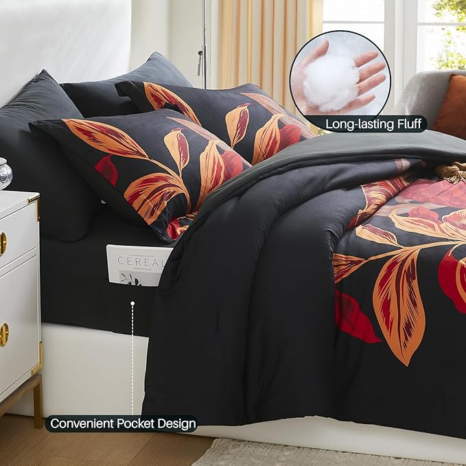 WRENSONGE King Size Comforter Set, 7 Pieces Black Red Floral Comforter Set with Sheets for King Size Bed, Red Leaf Pattern King Bedding Set, Soft Breathable Bed in a Bag King for All Seasons - LeafyLoom