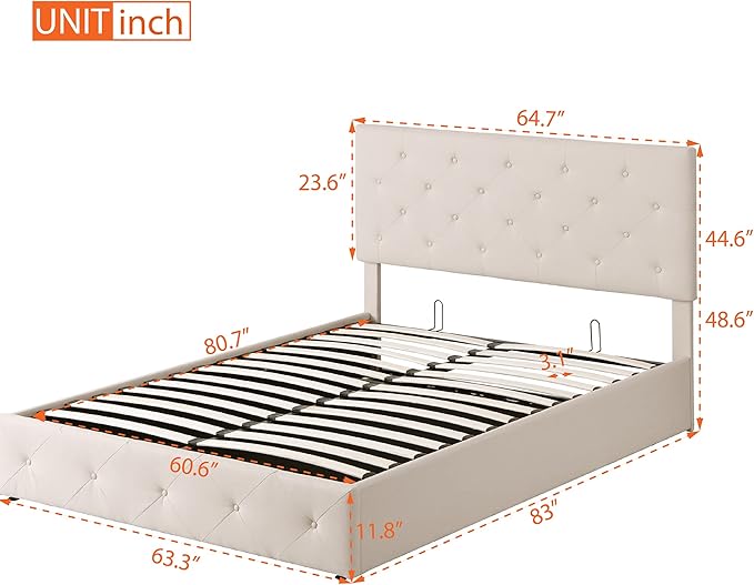 Queen Upholstered Platform Hydraulic System, Lift Up Storage Bed Full Size with Headboard and Button Tufted, Wooden Bedframe for Teens Adults, Beige - LeafyLoom