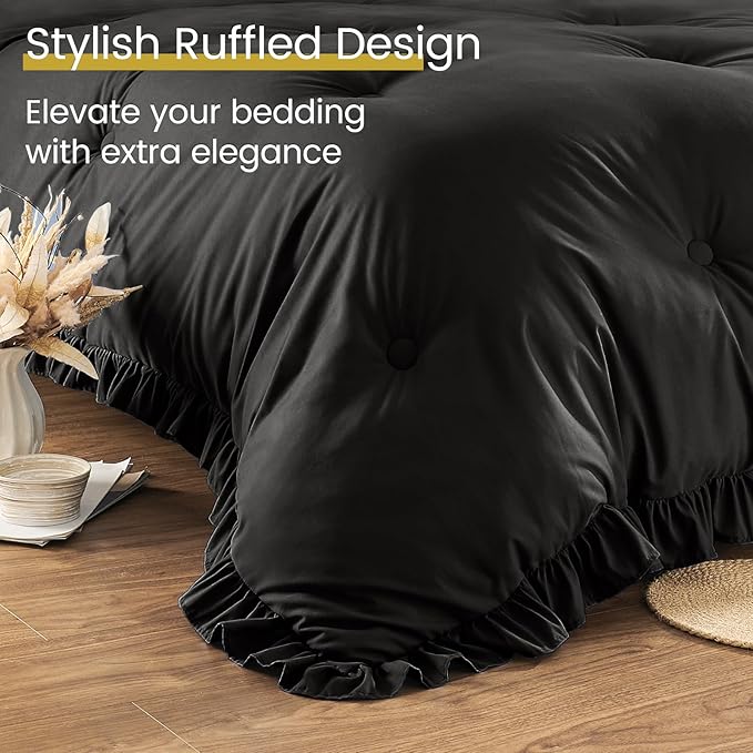 King Size Bed in a Bag 7 Pieces King Size Comforter Set, Ruffle Shabby Chic Bedding Comforter Set Black Bed Set with Comforter, Pillowcases, Flat Sheet, Fitted Sheet and Pillow Shams - LeafyLoom