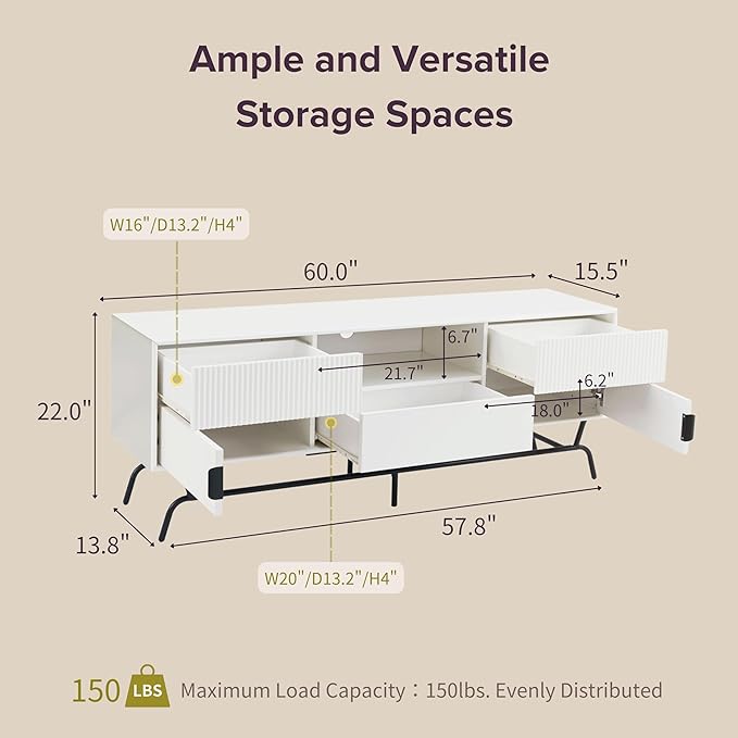 24/7 Shop at Home Quin Modern TV Stand with Storage Drawers, Media Console Cabinet, Entertainment Center for 65 inch Television, Unique Living Room Furniture, White Pure - LeafyLoom