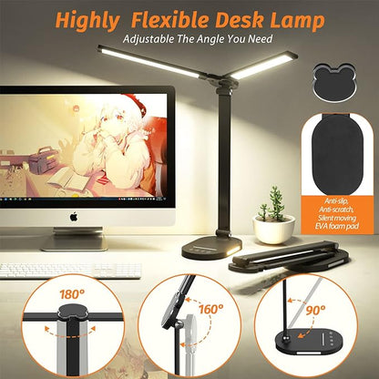 LED Desk Lamps for Home Office, Dual Swing Arm Desk Light, Dimmable Desk Lamp with USB Charging Port, Office Lamp with Night Light, 1H Timer, 5 Color Modes 5 Brightness Levels, Eye-Caring Table Lamp - LeafyLoom