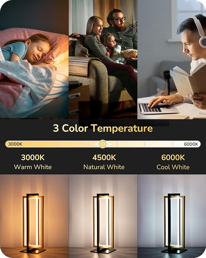 EDISHINE LED Table Lamp, 3 Color Temperatures Bedside Lamp (3000K 4500K 6000K), 750LM Touch Stepless Dimmable Nightstand Lamp for Living Room Bedroom Office, Dual-Frame Rectangle, Angle Adjustable - LeafyLoom