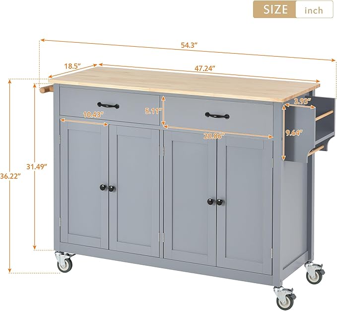 Kitchen Island Cart with Solid Wood Top, Mobile Kitchens Carts with Storage Cabinet, Rolling Kitchen Table w/Spice Rack, Towel Rack, and Drawer, Portable Islands on Wheels for Bar - LeafyLoom