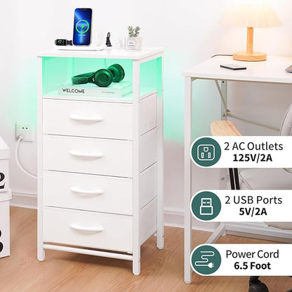 Yoobure Night Stand - LED White Nightstand with Charging Station, Bedside Table with 4 Storage Drawers and Storage Shelf, End Table with USB Ports and Outlets, Fabric Dresser for Bedroom - LeafyLoom