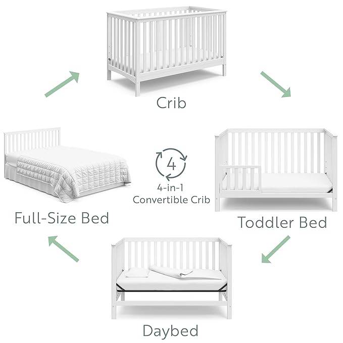 Storkcraft Hillcrest 4-in-1 Convertible Crib (White) - Converts to Daybed, Toddler Bed, and Full-Size Bed, Fits Standard Full-Size Crib Mattress, Adjustable Mattress Support Base - LeafyLoom