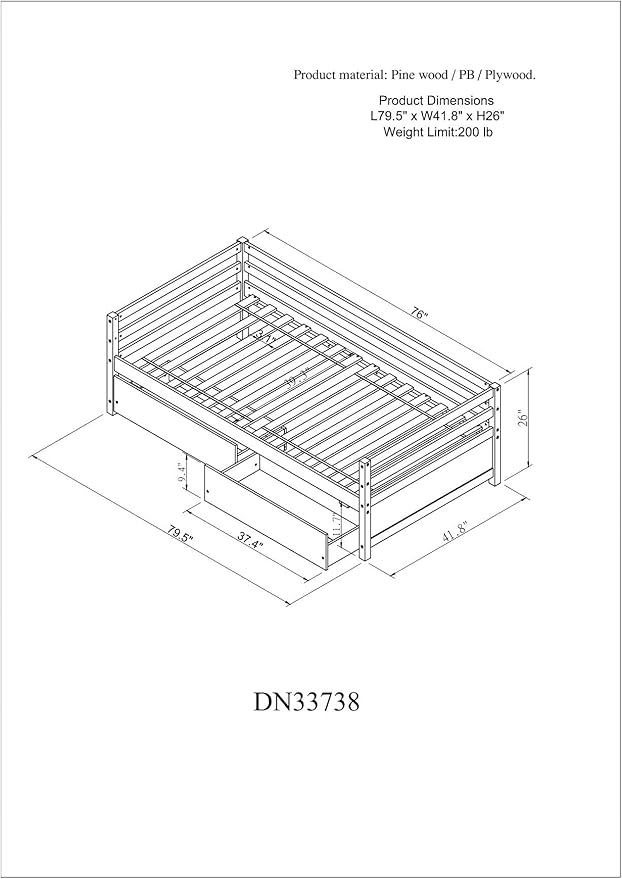 Twin Daybed with 2 Storage Drawers,Pinewood Twin Size Daybed Frame with Guardrail,for Boys/Girls/Teens Bedroom, Easy to Assemble, No Box Spring Needed,Grey - LeafyLoom