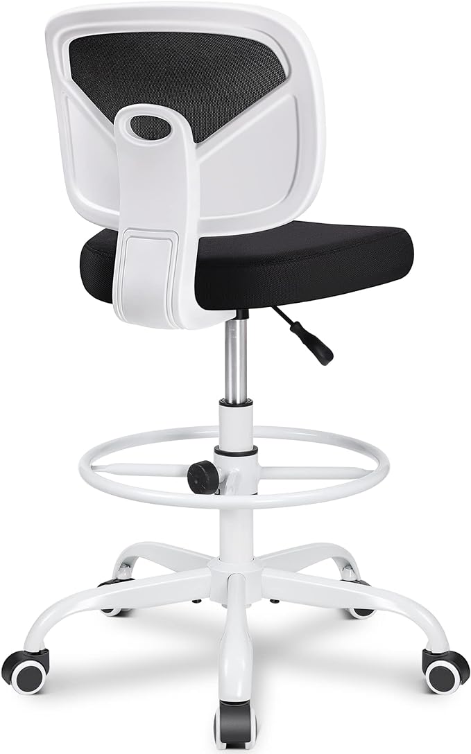 Primy Office Drafting Chair Armless, Tall Office Desk Chair Adjustable Height and Footring, Mid-back Ergonomic Standing Desk Chair Mesh Rolling Tall Chair for Art Room, Office or Home(White) - LeafyLoom